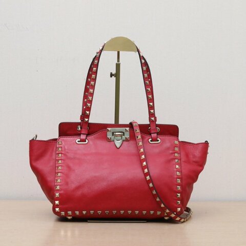 VALENTINO 鉚釘手提托特單肩包小號紅色牛皮金扣肩背包