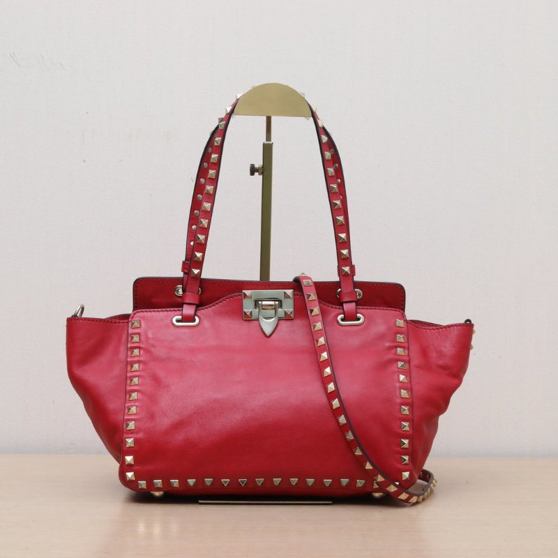 VALENTINO 鉚釘手提托特單肩包小號紅色牛皮金扣肩背包-0