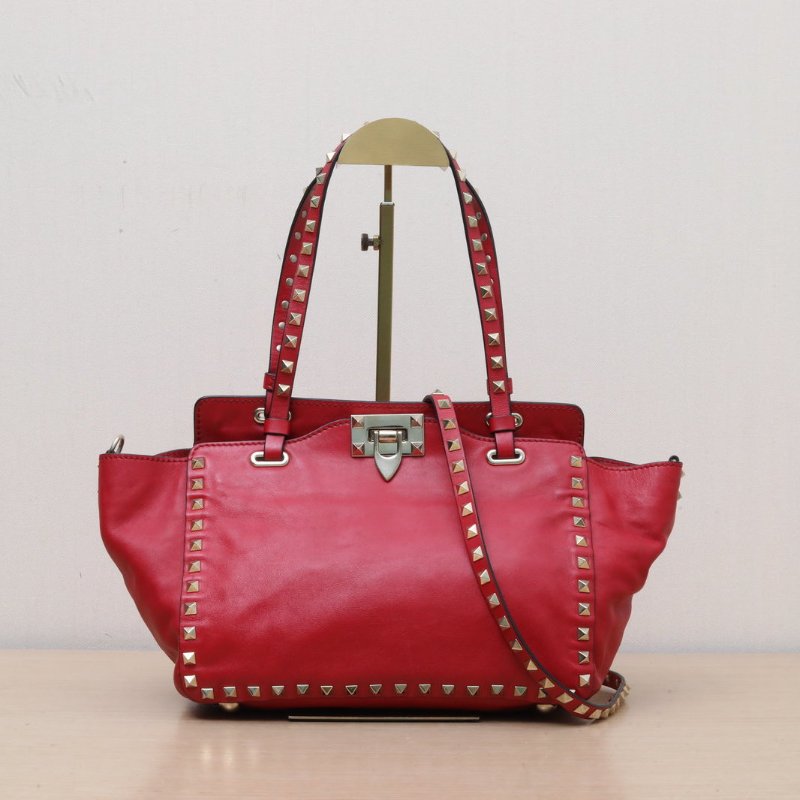 VALENTINO 鉚釘手提托特單肩包小號紅色牛皮金扣肩背包-1