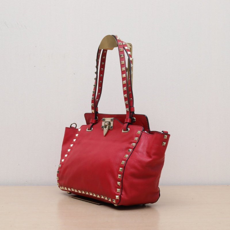 VALENTINO 鉚釘手提托特單肩包小號紅色牛皮金扣肩背包-4