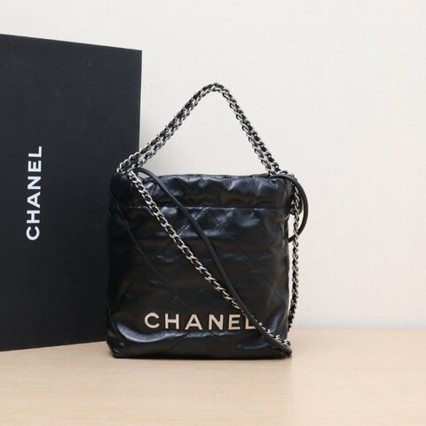 CHANEL 22BagTote托特包Mini20黑色牛皮晶片開銀扣肩背包