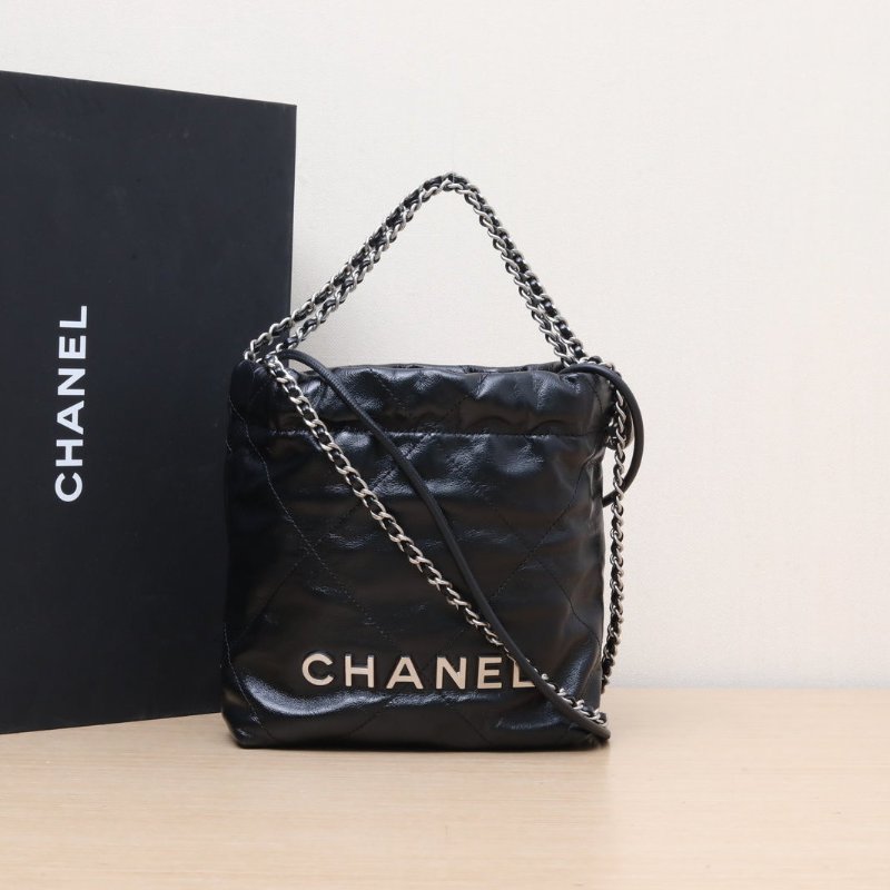 CHANEL 22BagTote托特包Mini20黑色牛皮晶片開銀扣肩背包-0