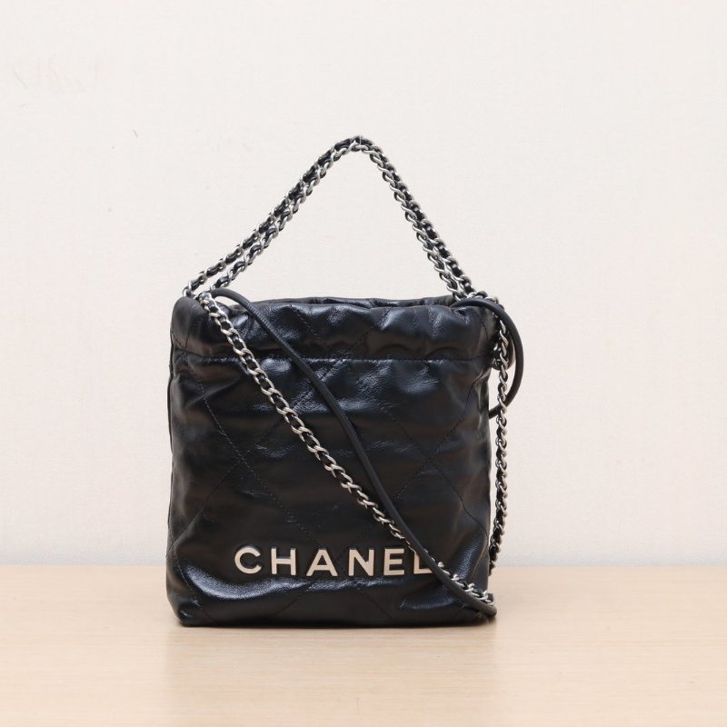 CHANEL 22BagTote托特包Mini20黑色牛皮晶片開銀扣肩背包-1