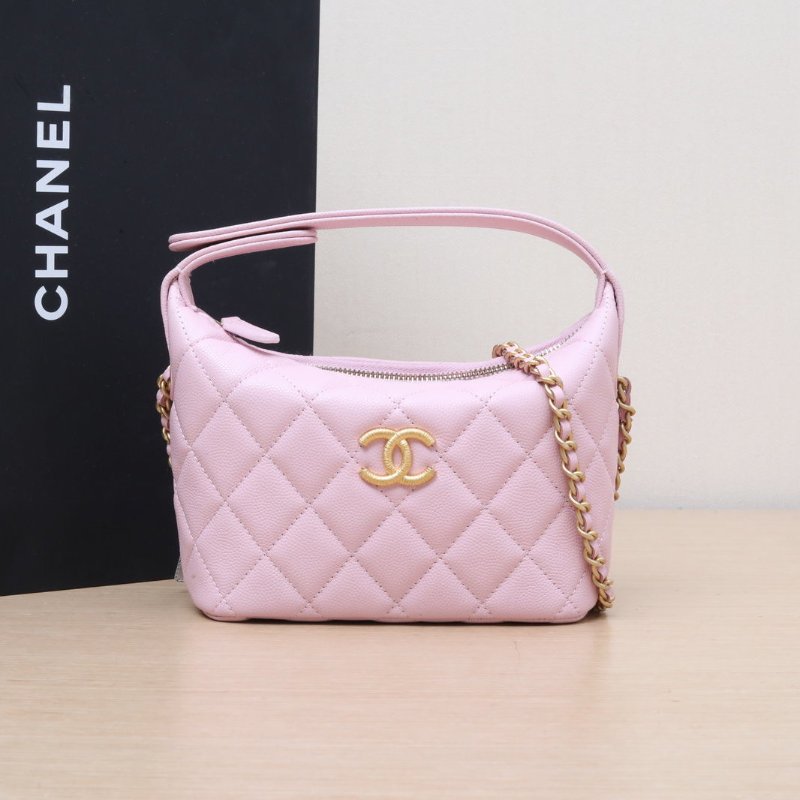 CHANEL 嬉皮HOBO飯盒包25P16.5粉色荔枝牛皮鐳射標拉絲金扣肩背包-0