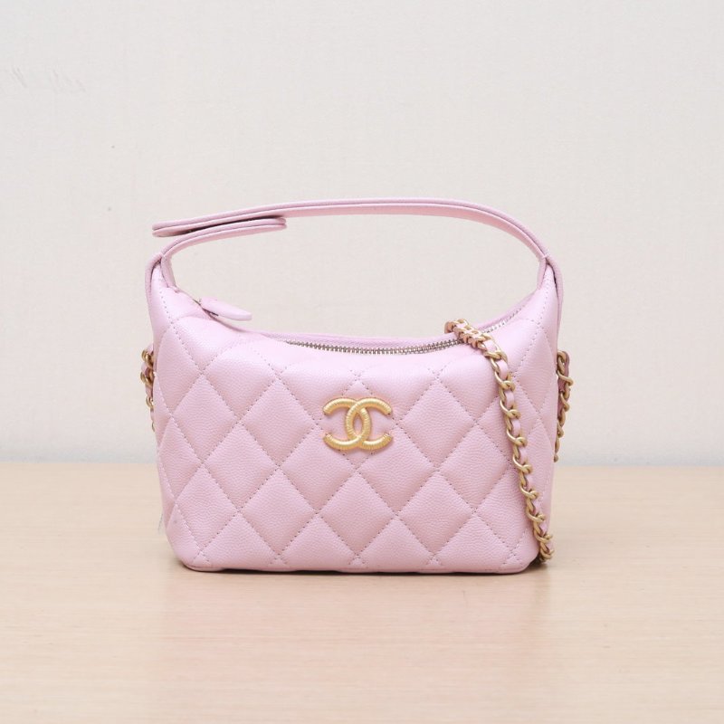 CHANEL 嬉皮HOBO飯盒包25P16.5粉色荔枝牛皮鐳射標拉絲金扣肩背包-1