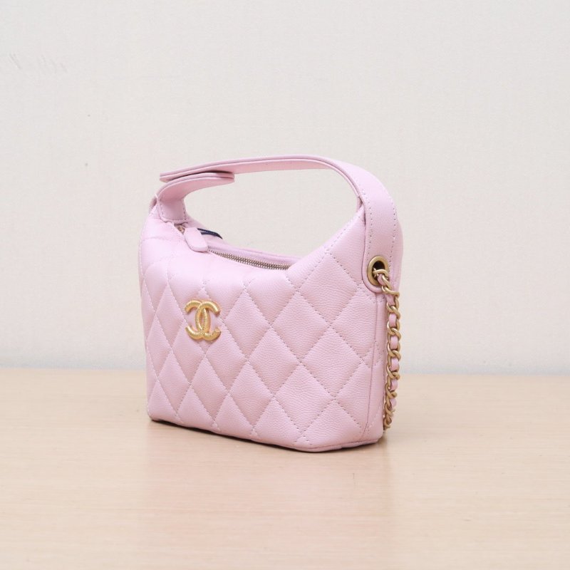 CHANEL 嬉皮HOBO飯盒包25P16.5粉色荔枝牛皮鐳射標拉絲金扣肩背包-4