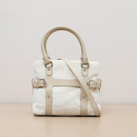 Salvatore Ferragamo 米白色牛皮絲絨菲拉格慕手提毛毛包配可拆卸肩帶/肩背包