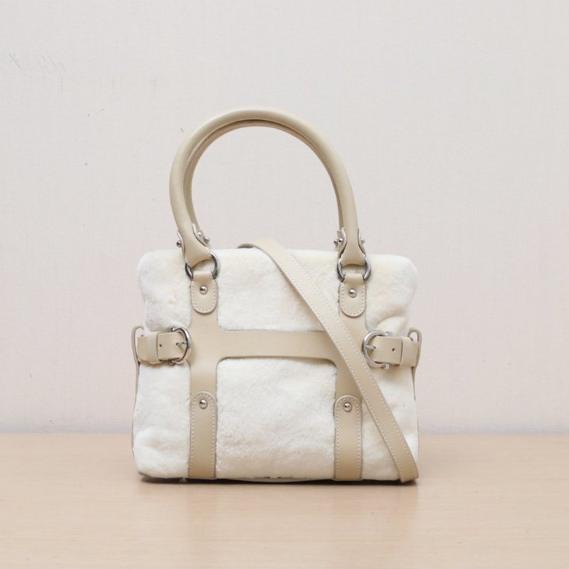Salvatore Ferragamo 米白色牛皮絲絨菲拉格慕手提毛毛包配可拆卸肩帶/肩背包-0