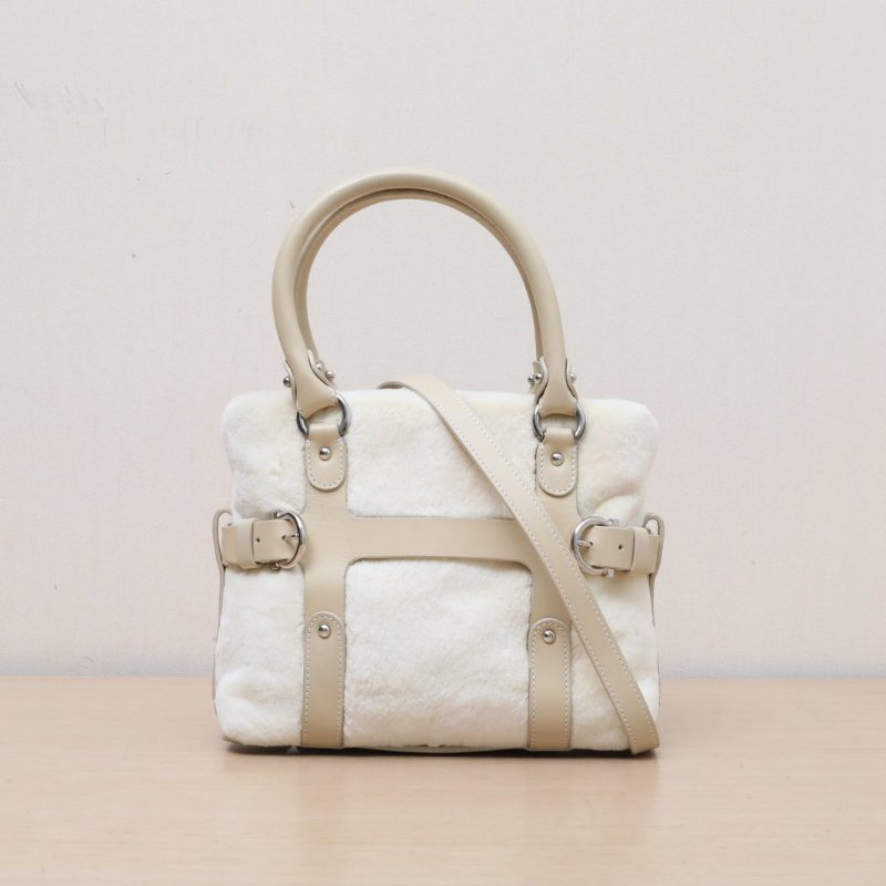 Salvatore Ferragamo 米白色牛皮絲絨菲拉格慕手提毛毛包配可拆卸肩帶/肩背包-1