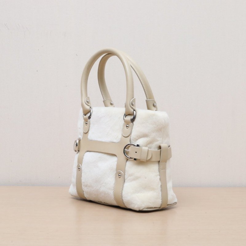 Salvatore Ferragamo 米白色牛皮絲絨菲拉格慕手提毛毛包配可拆卸肩帶/肩背包-4