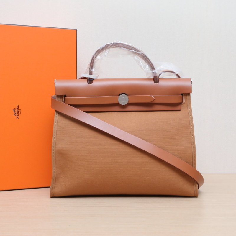 HERMES Herbag31帆布/Hunter牛皮Z刻銀扣沙丘黃拼9I木蘭粉拼34淺黃褐色肩背包-0