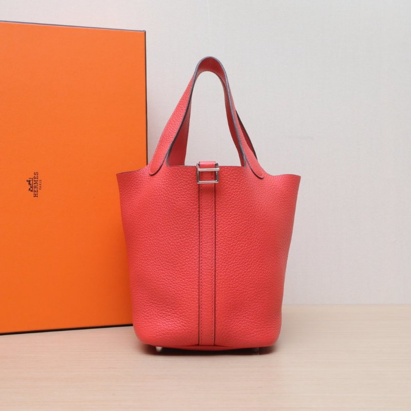 HERMES Picotin18菜籃子2R芍藥紅TC皮R刻銀扣肩背包-0