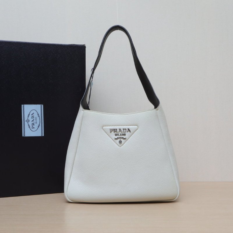 PRADA 白色牛皮Hobo菜籃子手提包肩背包-0