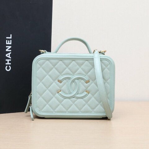 CHANEL VanityCase相機包橫版配手柄中號21綠色荔枝牛皮25開金扣肩背包