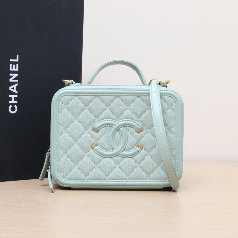 CHANEL VanityCase相機包橫版配手柄中號21綠色荔枝牛皮25開金扣肩背包-0