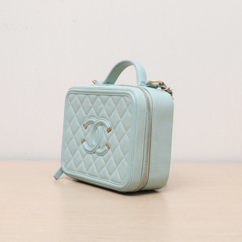 CHANEL VanityCase相機包橫版配手柄中號21綠色荔枝牛皮25開金扣肩背包-4