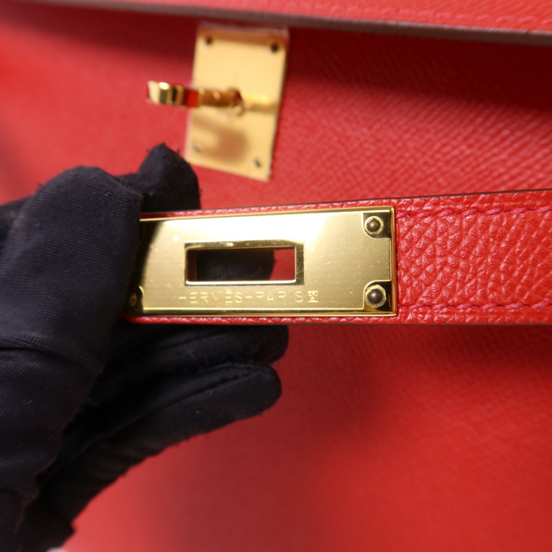 HERMES Epsom皮革Kelly 32金扣手挽肩背兩用袋Rouge Casaque-10