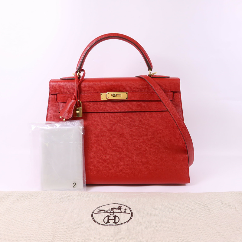 HERMES Epsom皮革Kelly 32金扣手挽肩背兩用袋Rouge Casaque-17