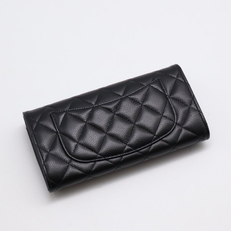 CHANEL 經典口蓋長夾 - 粒面牛皮黑銀-1