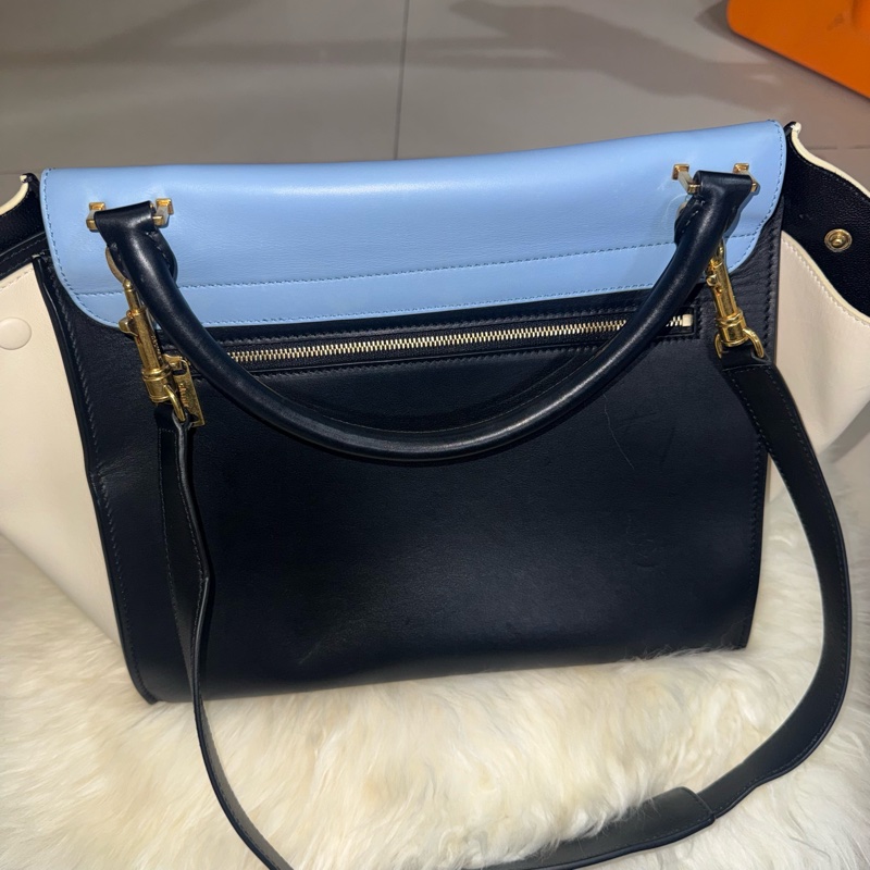 CELINE 蝙蝠包 藍 白 黑 拚色  三色 拚色 藍 白 黑 手提包 肩背包 真皮 高質感 大容量 通勤包 精品 二手 輕微 使用痕  （輕微放置痕跡）-1