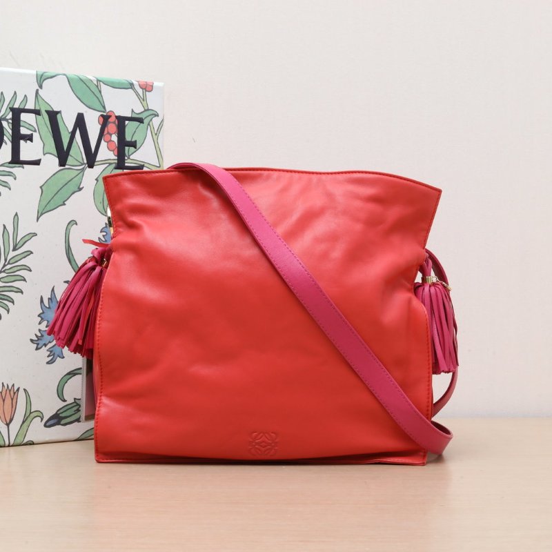 LOEWE 拼色羊皮羅意威橘色拼玫紅色流蘇福袋肩背包-0