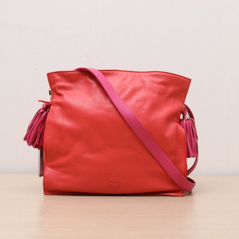 LOEWE 拼色羊皮羅意威橘色拼玫紅色流蘇福袋肩背包-1