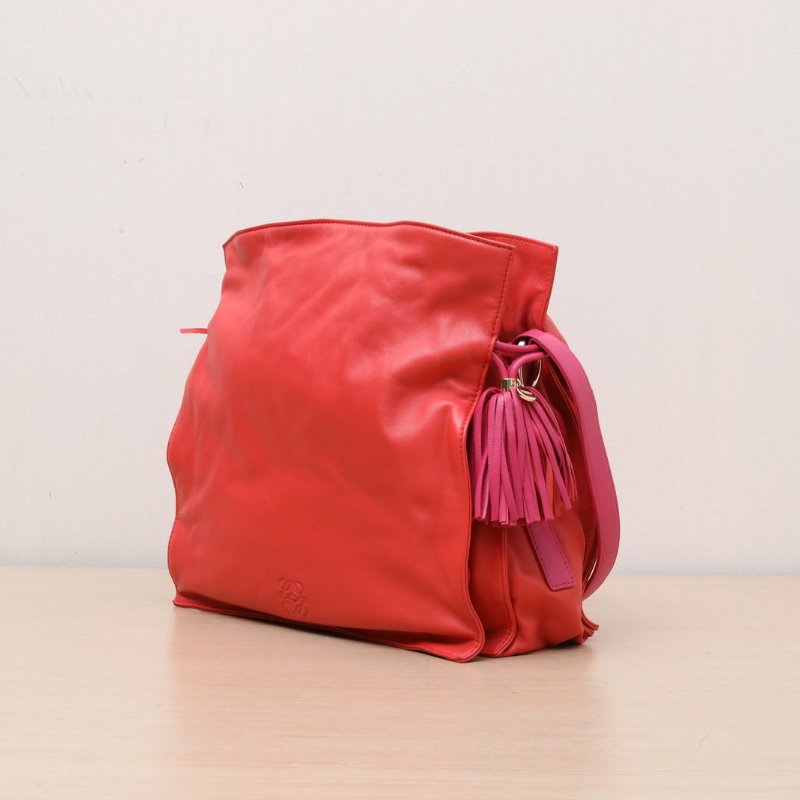 LOEWE 拼色羊皮羅意威橘色拼玫紅色流蘇福袋肩背包-3