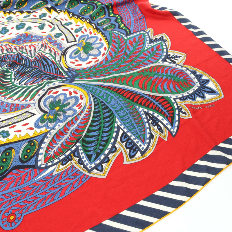 HERMES Carre 140 Le Jardin de la Maharani 圍巾披肩真絲羊絨紅色二手-1
