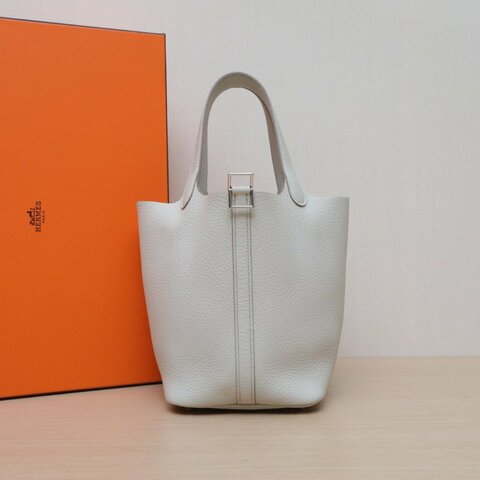 HERMES Picotin18菜籃子8L冰川白TC皮W刻銀扣肩背包