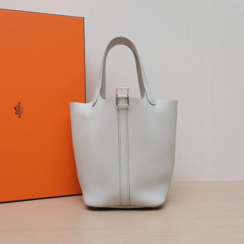 HERMES Picotin18菜籃子8L冰川白TC皮W刻銀扣肩背包-0