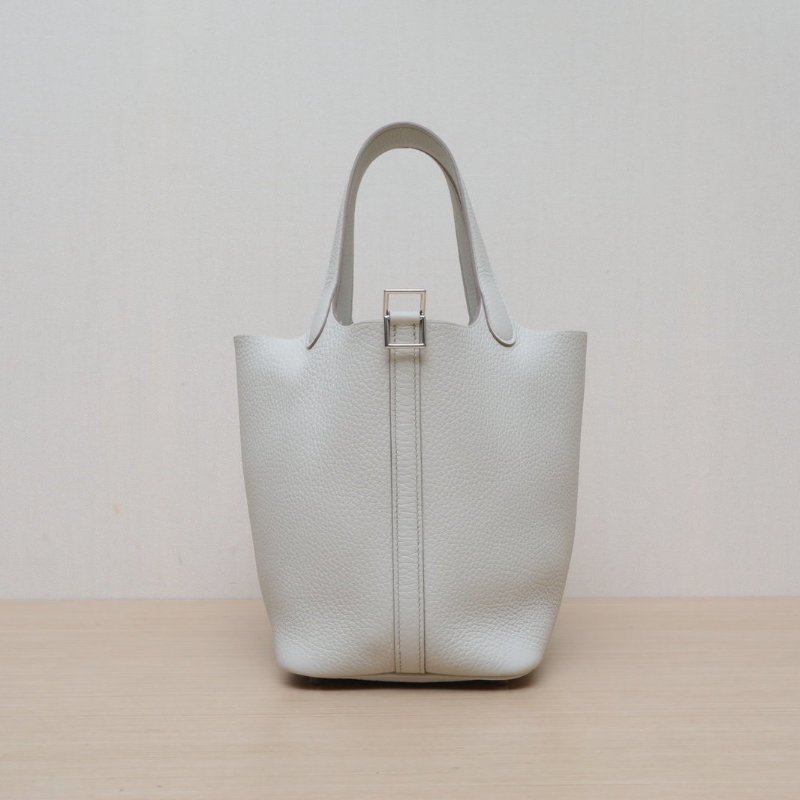 HERMES Picotin18菜籃子8L冰川白TC皮W刻銀扣肩背包-1