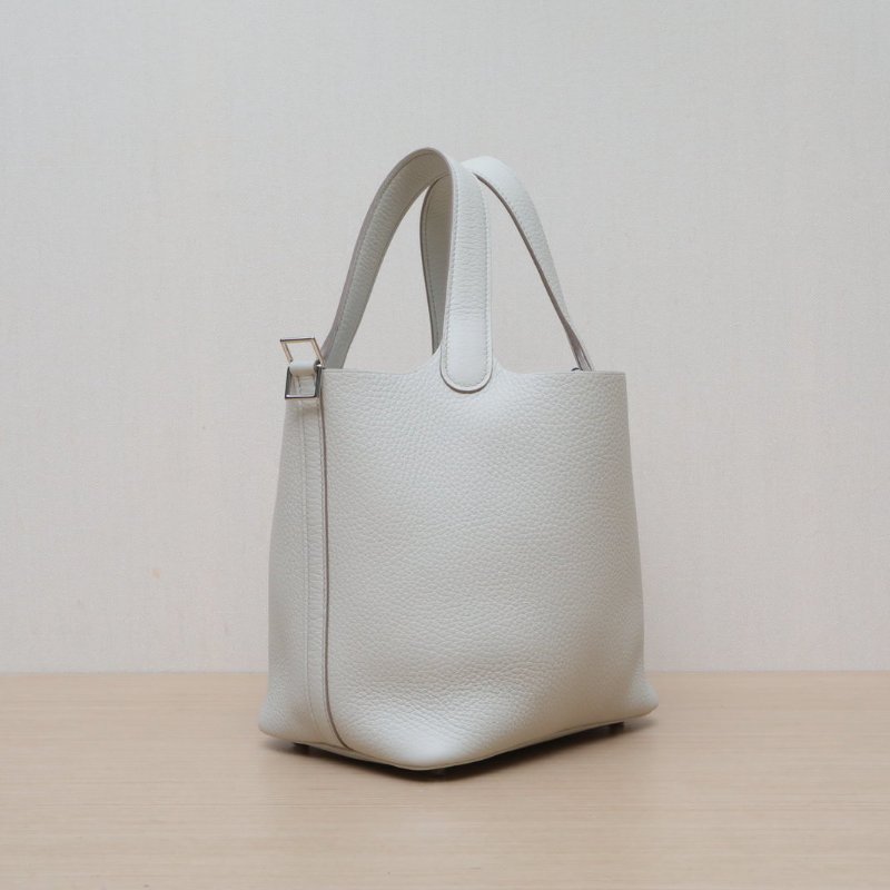HERMES Picotin18菜籃子8L冰川白TC皮W刻銀扣肩背包-3