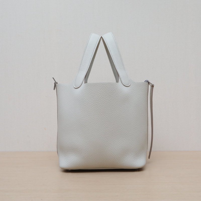 HERMES Picotin18菜籃子8L冰川白TC皮W刻銀扣肩背包-4