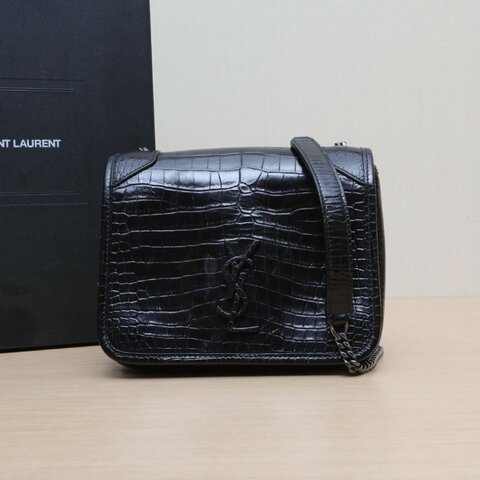 SAINT LAURENT NikiWoc鱷魚壓紋黑色牛皮磨砂銀扣肩背包