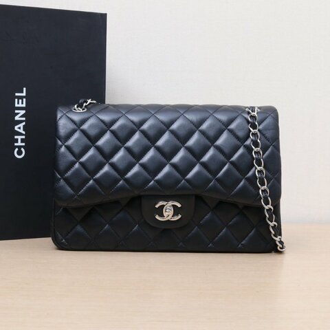 CHANEL CF口蓋包JUMBO30羊皮24開黑色銀扣肩背包
