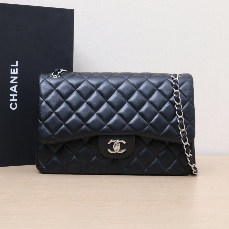 CHANEL CF口蓋包JUMBO30羊皮24開黑色銀扣肩背包-0