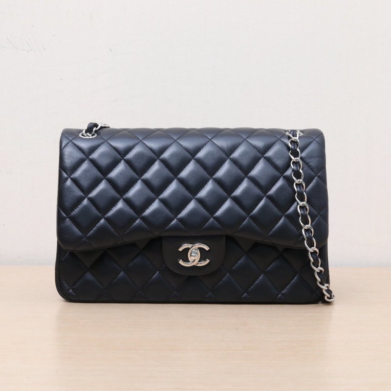 CHANEL CF口蓋包JUMBO30羊皮24開黑色銀扣肩背包-1