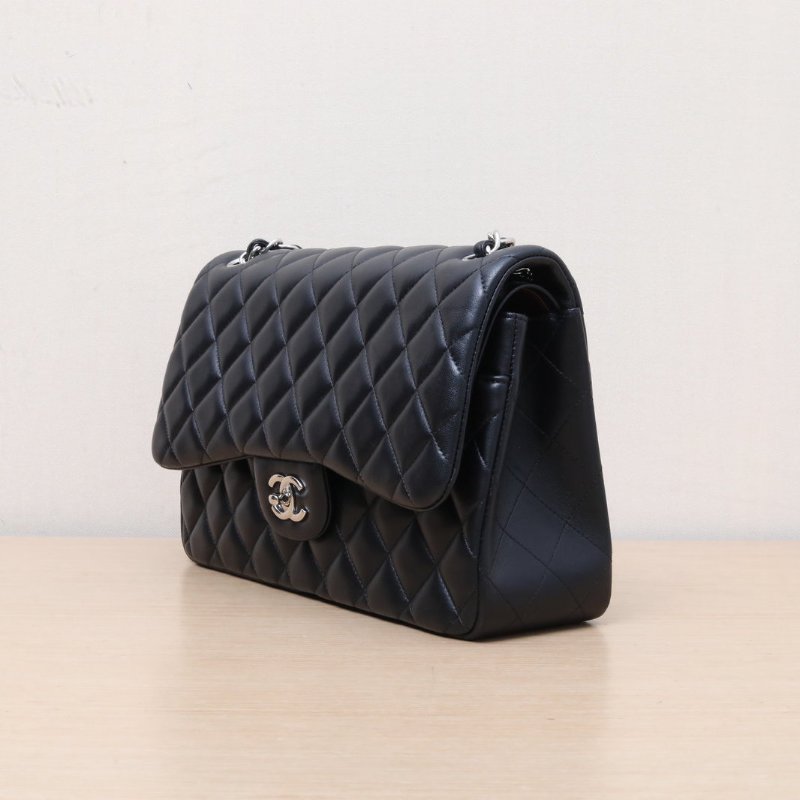 CHANEL CF口蓋包JUMBO30羊皮24開黑色銀扣肩背包-3