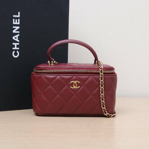 CHANEL 21A長盒子化妝包無鏡子17酒紅色羊皮31開金扣皮手柄肩背包