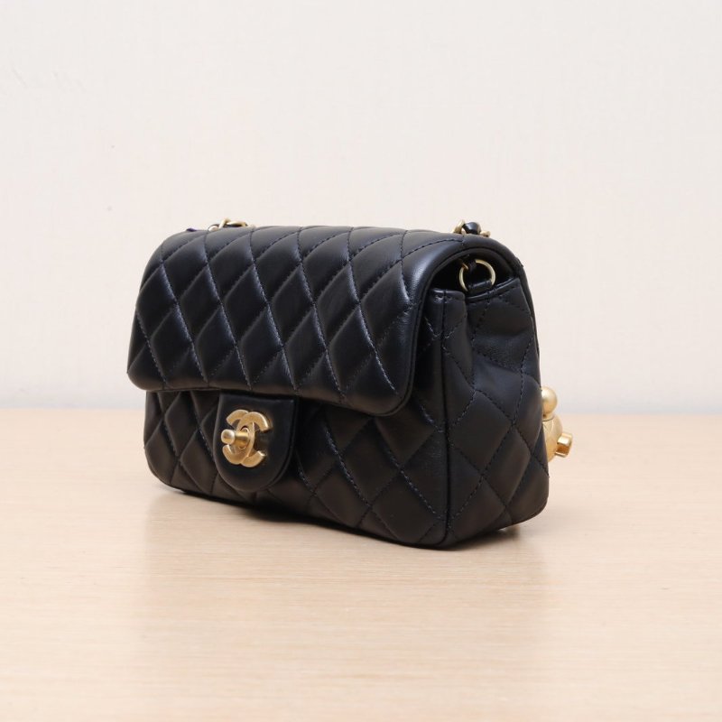 CHANEL CF口蓋包大Mini2030開金扣黑色羊皮金球調節扣肩帶肩背包-3