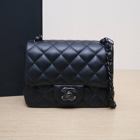 CHANEL CF口蓋包方胖子17黑色羊皮晶片開黑扣肩背包