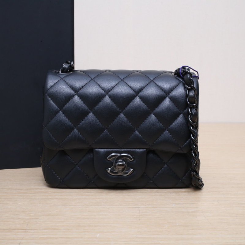 CHANEL CF口蓋包方胖子17黑色羊皮晶片開黑扣肩背包-0