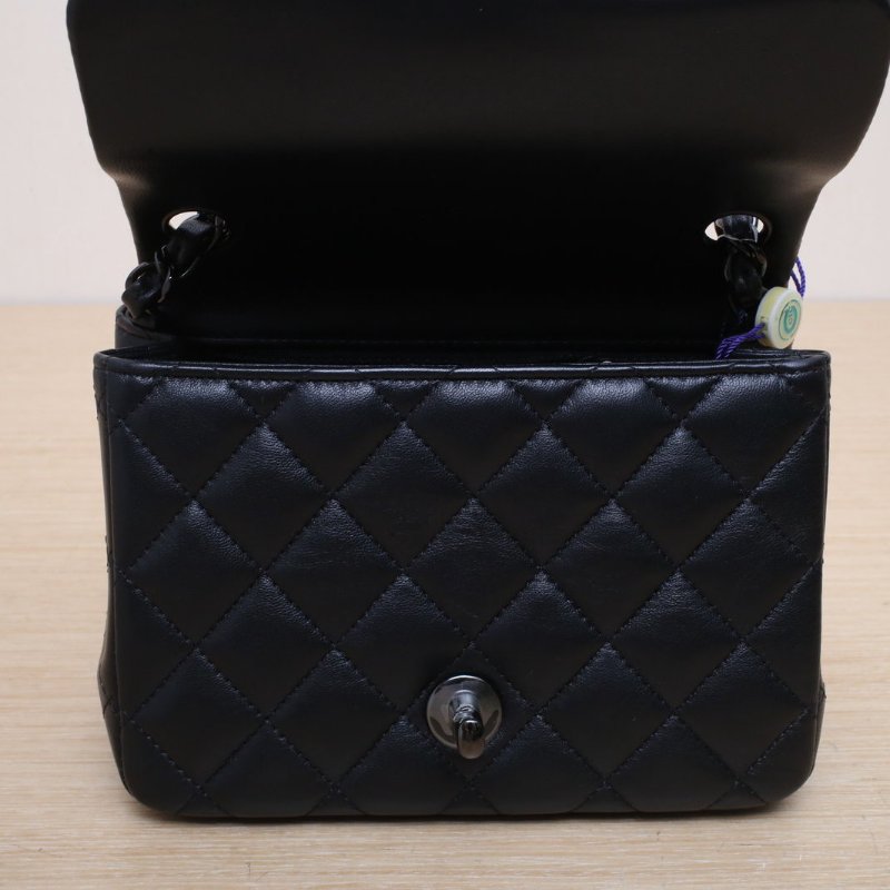 CHANEL CF口蓋包方胖子17黑色羊皮晶片開黑扣肩背包-2