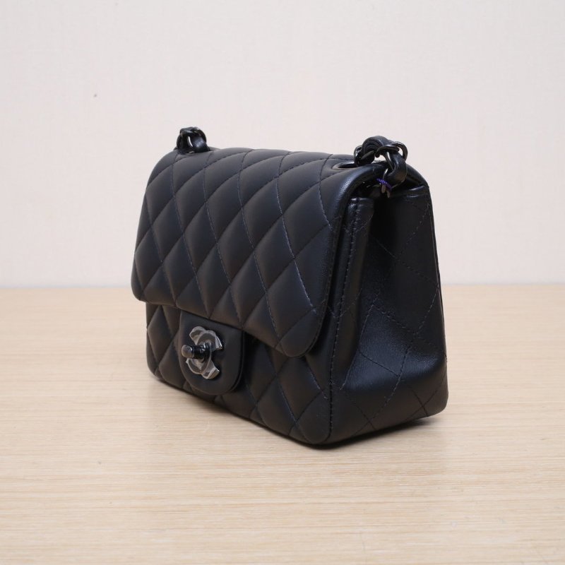 CHANEL CF口蓋包方胖子17黑色羊皮晶片開黑扣肩背包-4