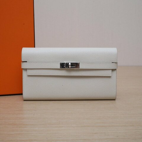 HERMES Kelly長款錢包10奶昔白Epsom皮A刻銀扣肩背包