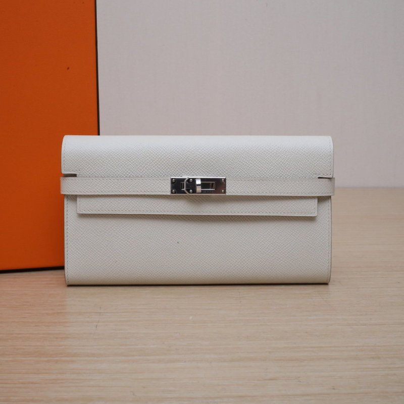 HERMES Kelly長款錢包10奶昔白Epsom皮A刻銀扣肩背包-0