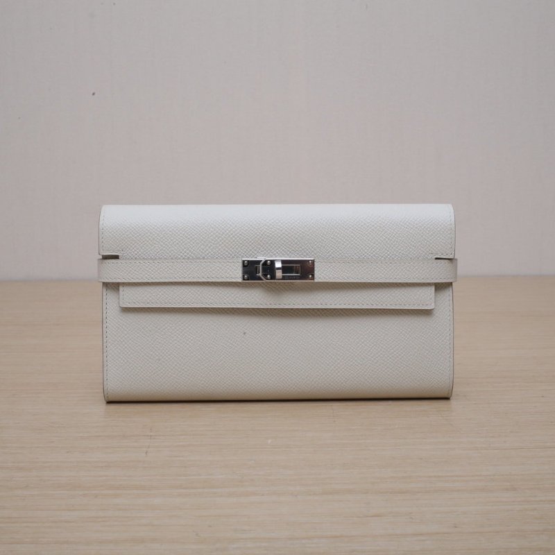 HERMES Kelly長款錢包10奶昔白Epsom皮A刻銀扣肩背包-1