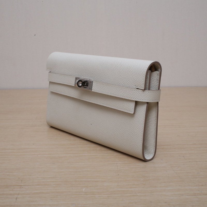 HERMES Kelly長款錢包10奶昔白Epsom皮A刻銀扣肩背包-3