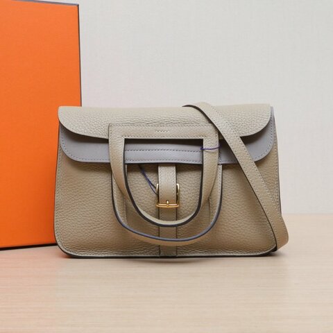 HERMES Halzan25雙提手單肩包S2風衣灰TC皮Y刻金扣肩背包