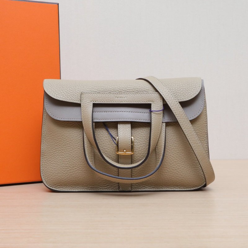 HERMES Halzan25雙提手單肩包S2風衣灰TC皮Y刻金扣肩背包-0